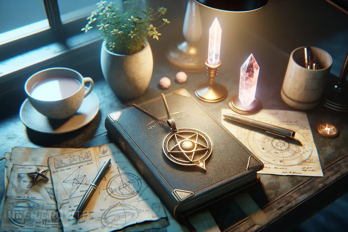 A book on a desk surrounded with crystals and an amulet with a star symbolising the signs of a mintaka starseed.