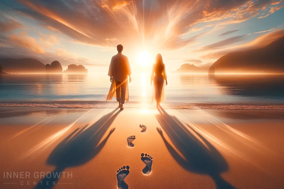 Two people walking on a beach with their footsteps aligned symbolising reuniting with your soul family.