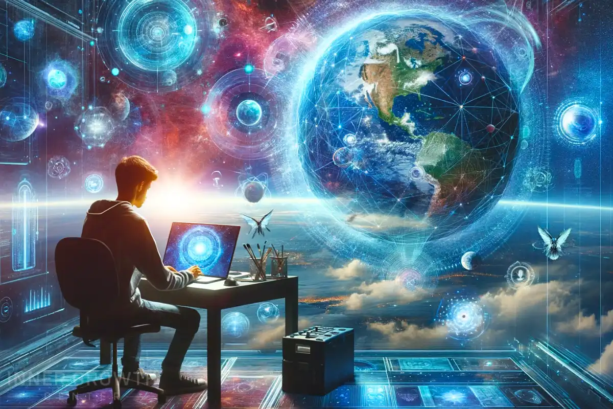 A person sits in front of a computer with many stars and planets around.