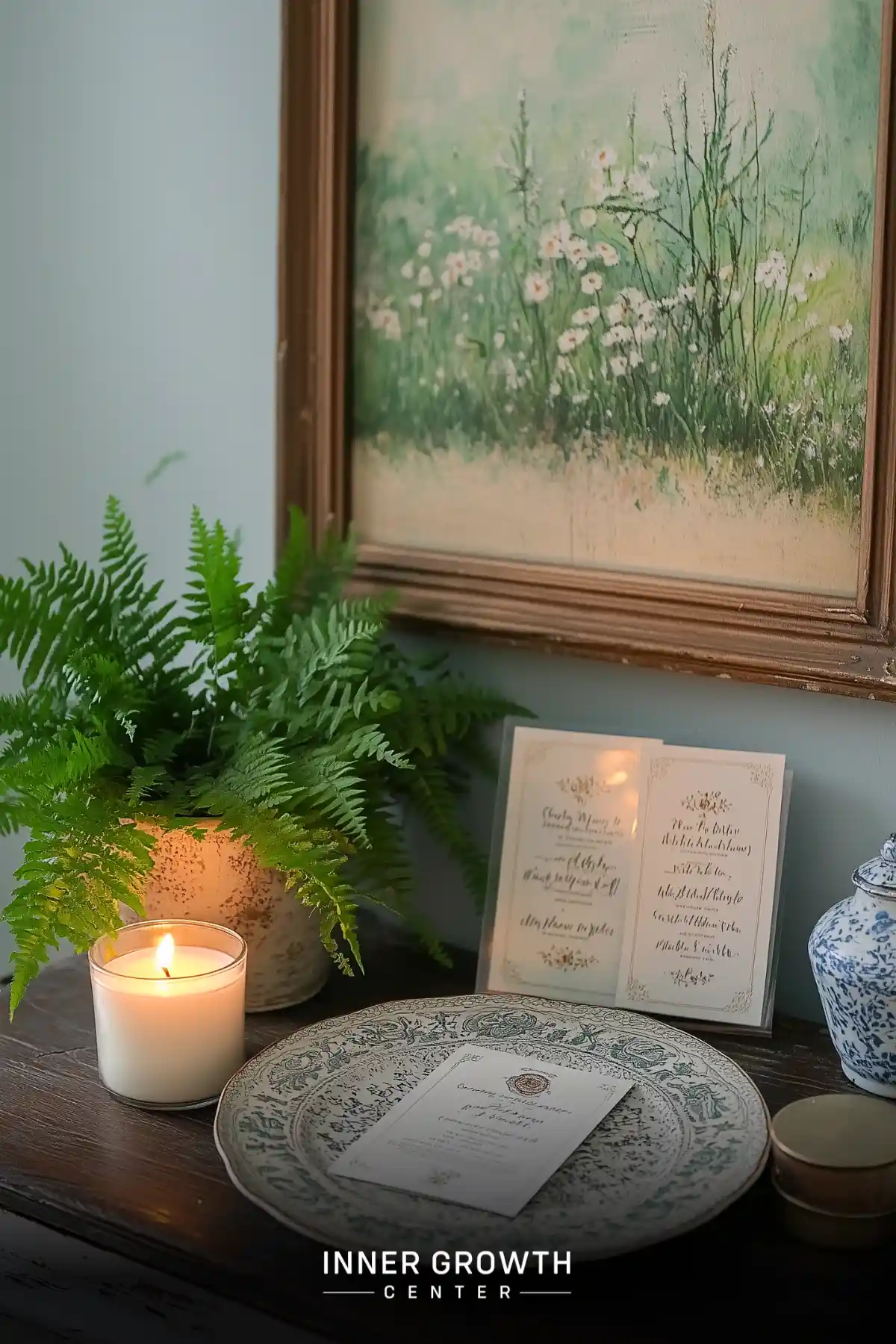 Meditation altar with fern, candle, and affirmation cards beneath a floral painting.