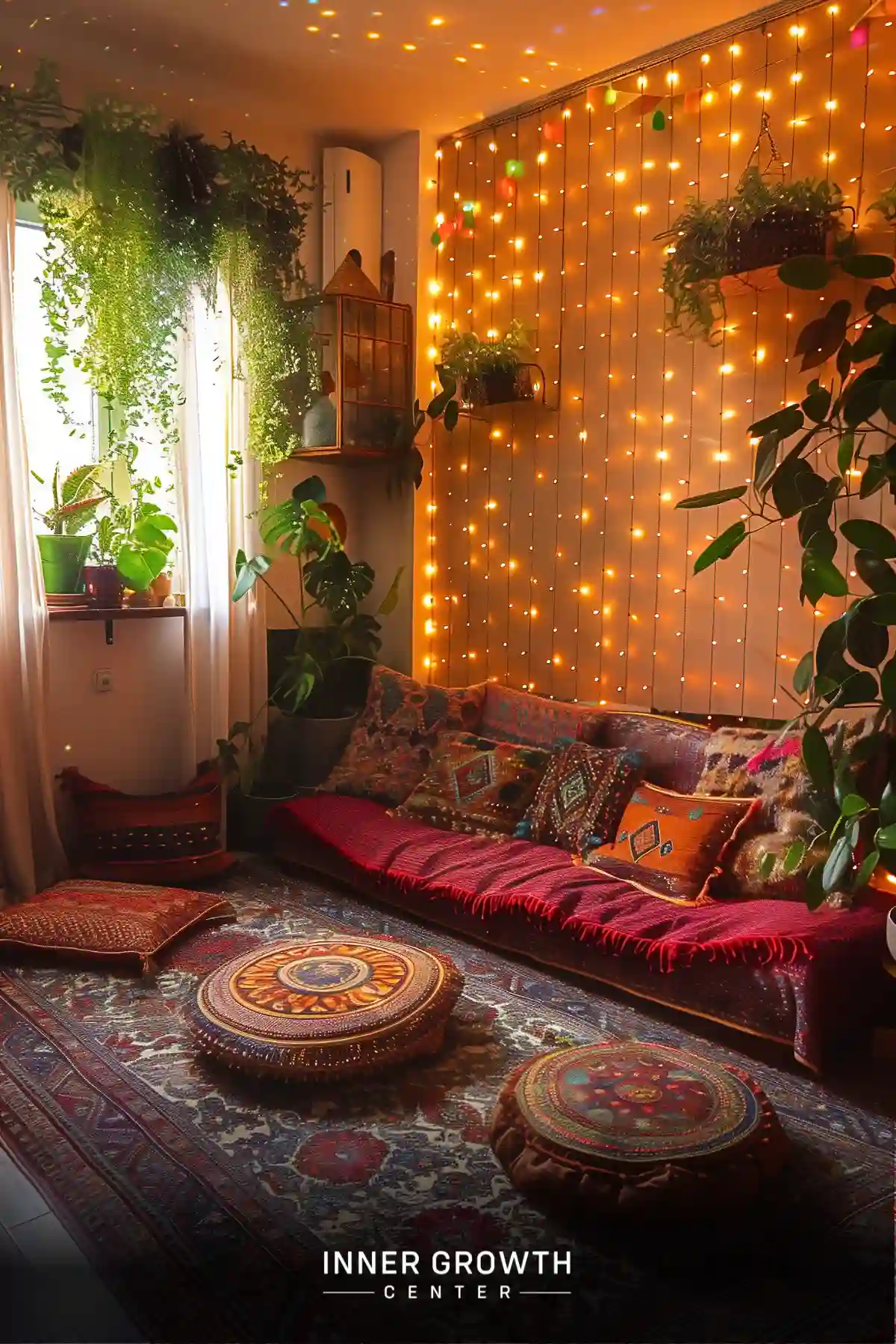 A spiritual meditation space featuring a cozy room with a low sofa, colorful cushions, hanging plants, and twinkling fairy lights.