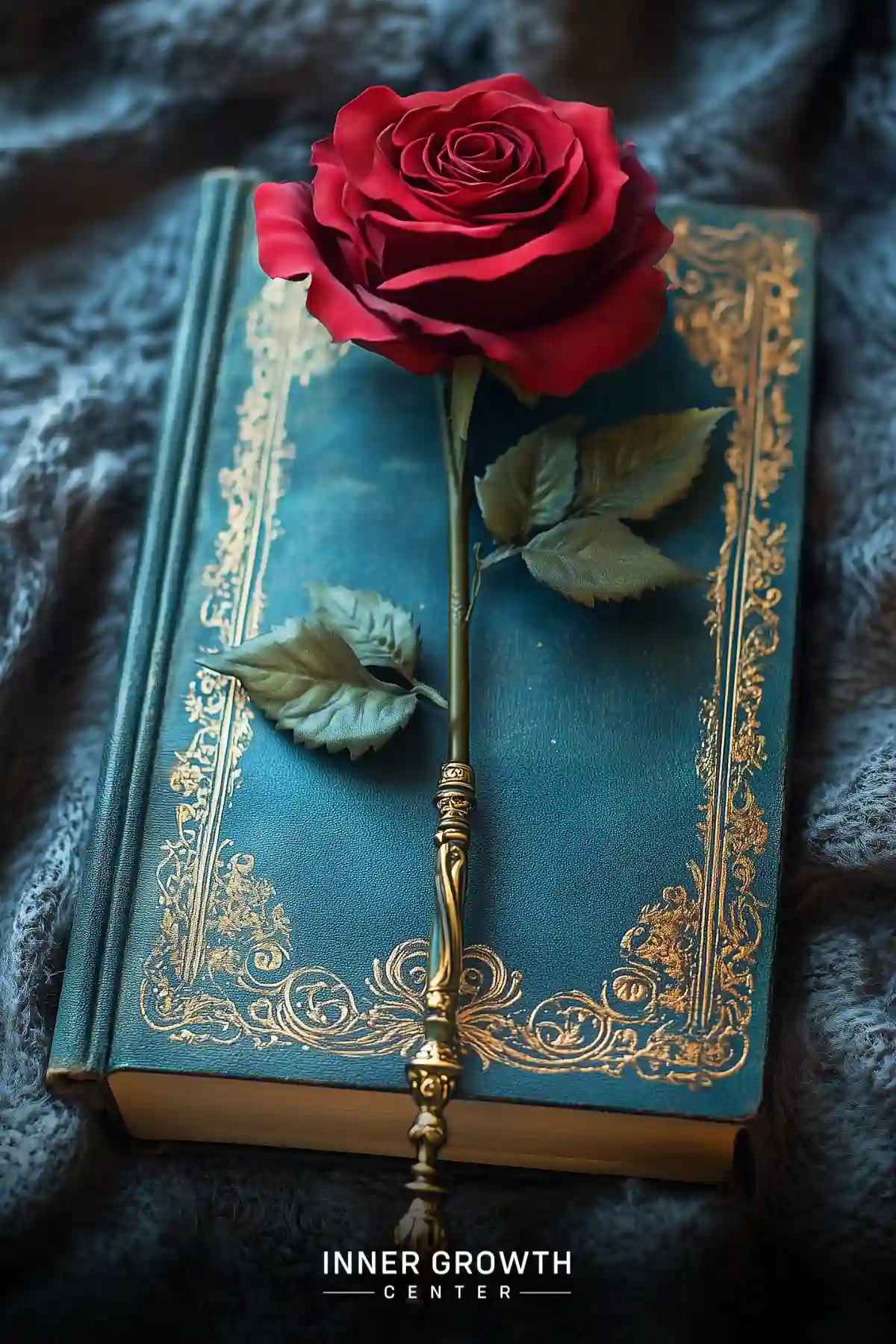 A vibrant red rose rests on an ornate teal book, creating a simple yet elegant altar design.