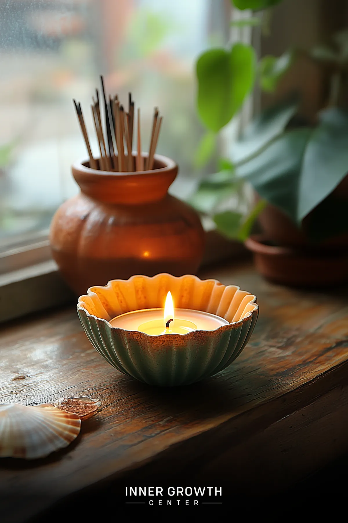 Lit candle in a scalloped bowl with incense holder and plant on a wooden windowsill