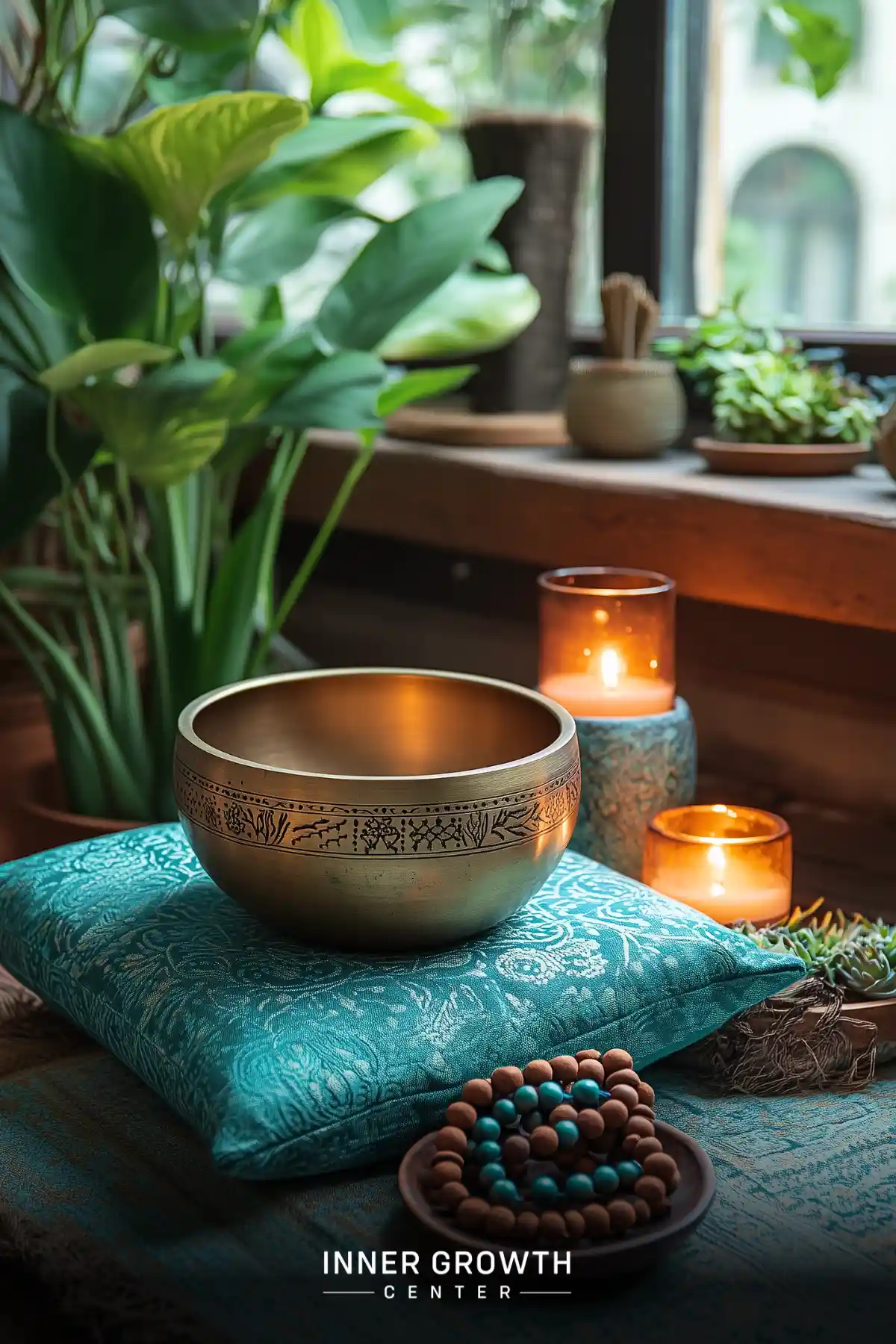 A serene meditation altar featuring a singing bowl, candles, prayer beads, and lush plants by a window.