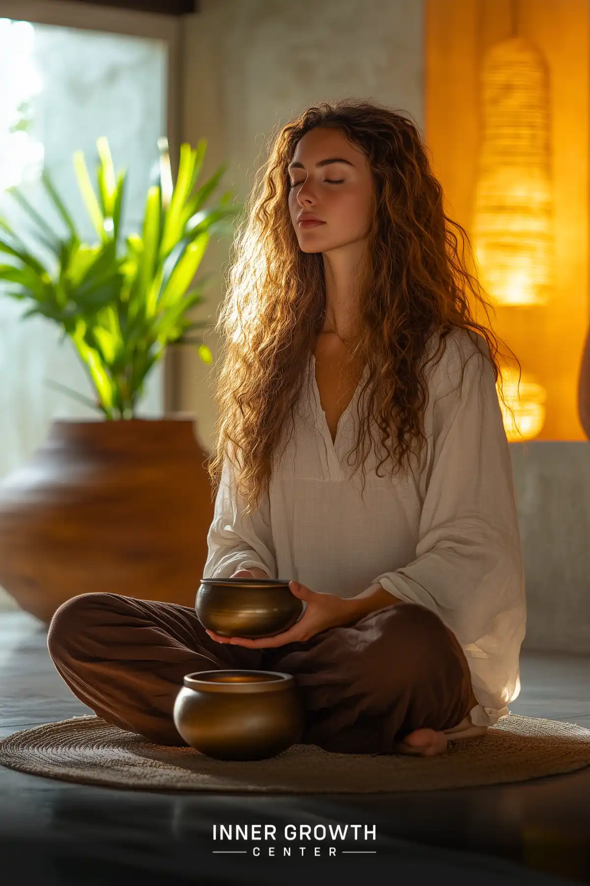 Woman with long curly hair meditates with singing bowls in a sunlit room with plants.