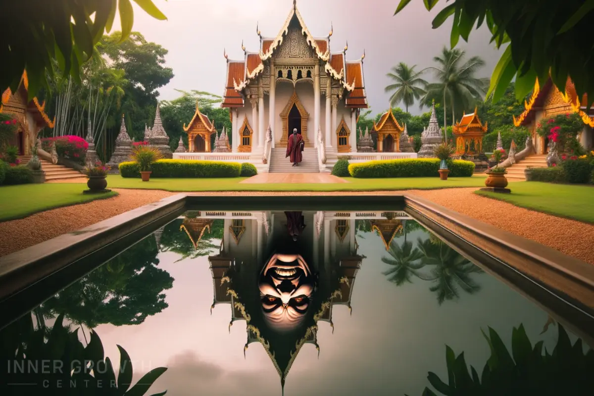 A monk in front of a temple reflecting a sinister grin.