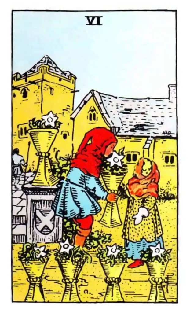 Two children giving and receiving a cup with a flower in it as the six of cups tarot card.