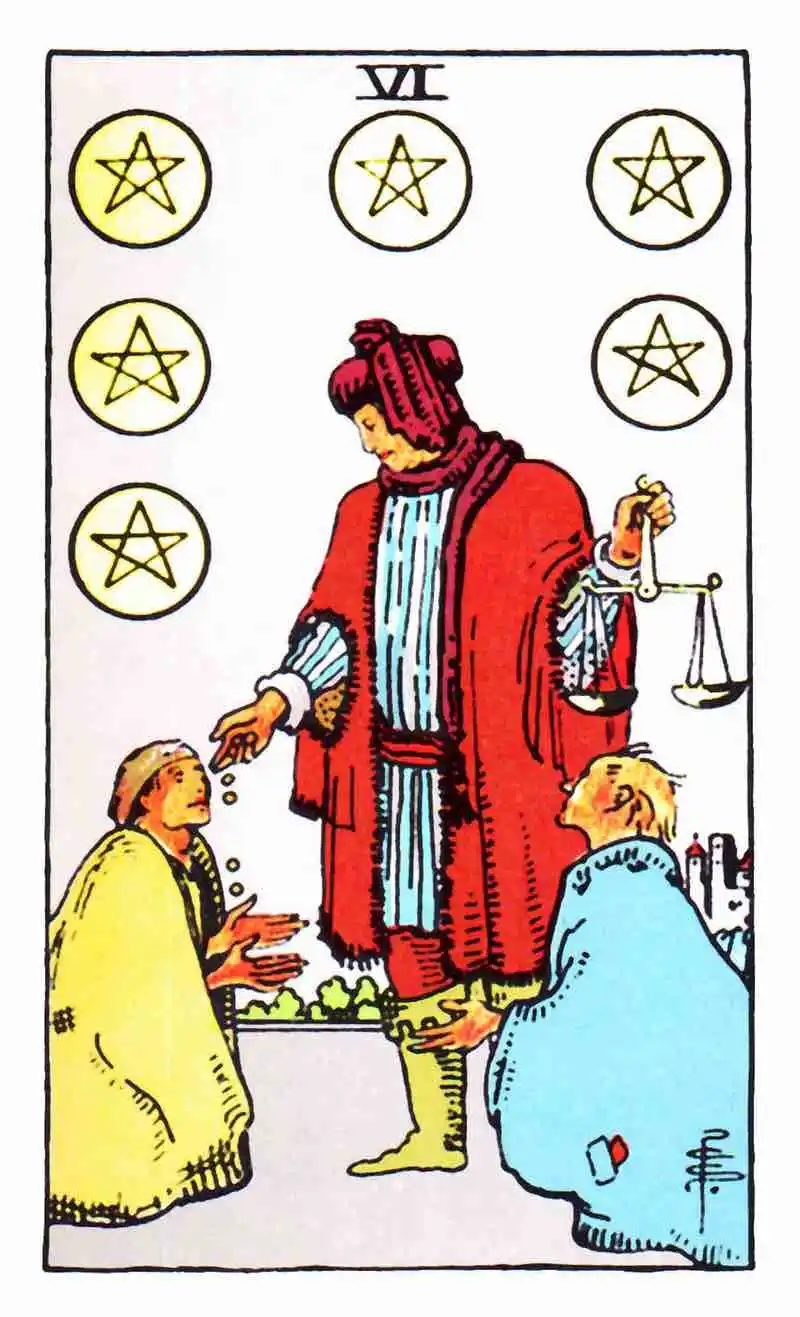 A tarot card with a man and a woman holding a pentacle.