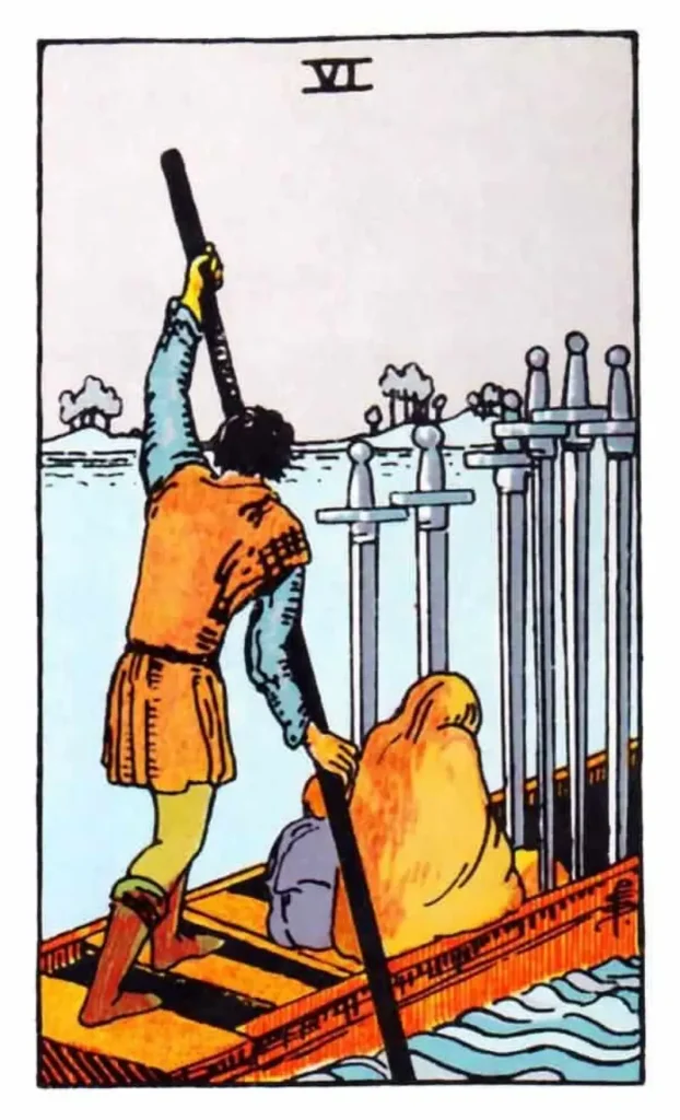 A man steering a boat with two figures onboard and 6 swords standing as the six of swords tarot card.