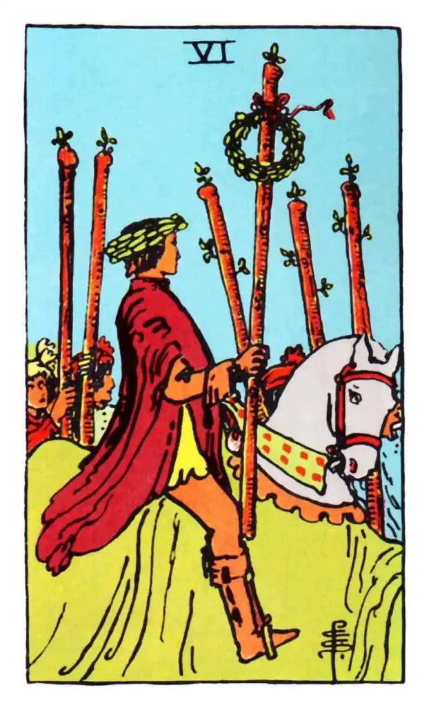 A person on a horse holding a wand with 5 others around as the six of wands tarot card.