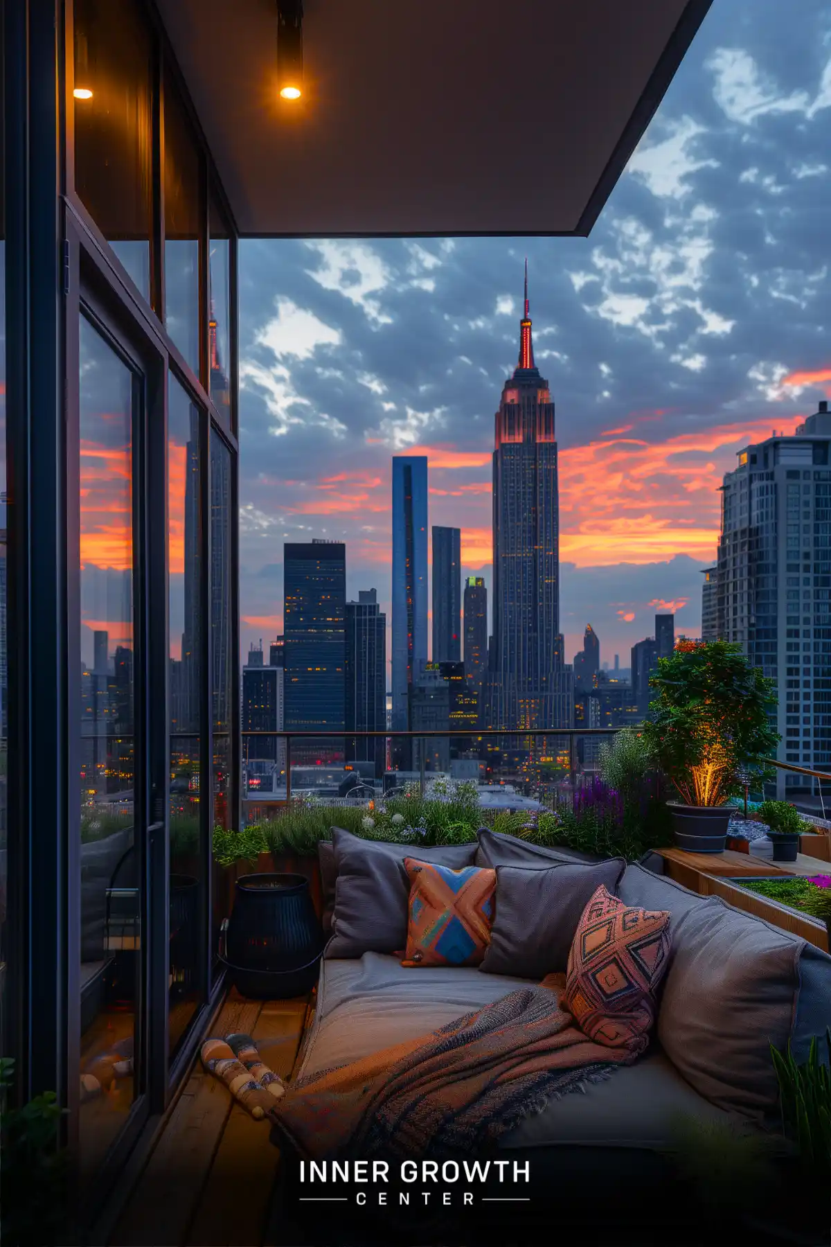 A cozy balcony overlooking a vibrant city skyline at sunset, featuring a comfortable seating area and potted plants.