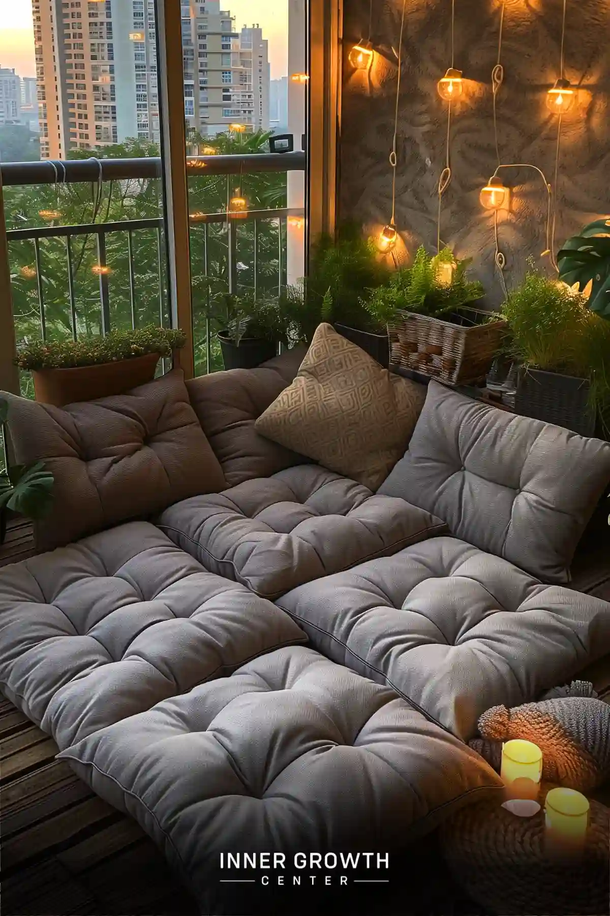 A cozy balcony meditation area with plush seating, string lights, and lush plants overlooking a city skyline.