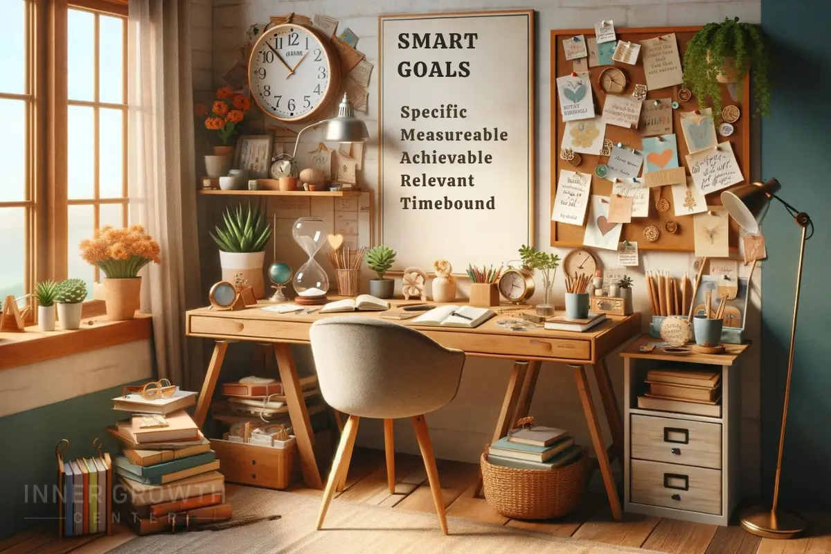 A study with a board listing the SMART goals.