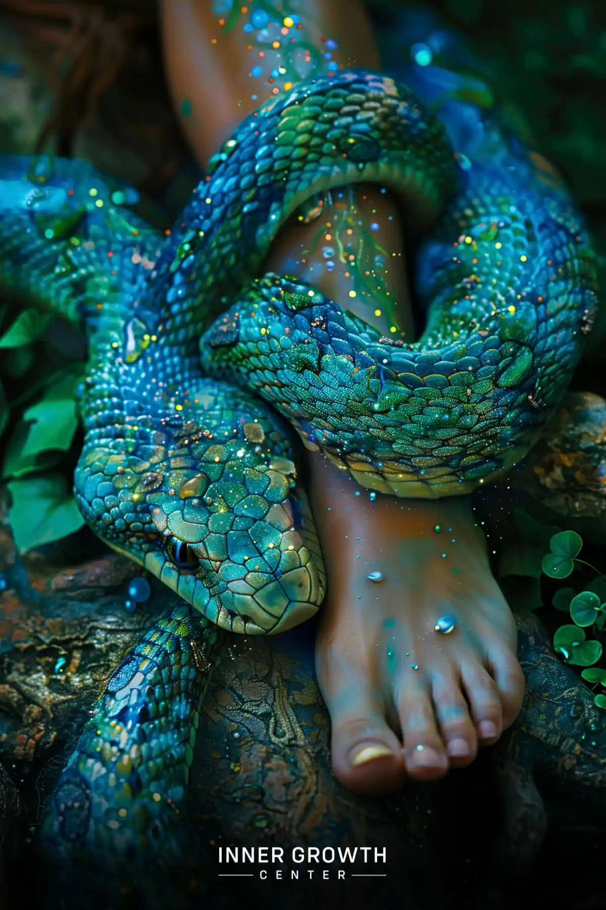 Iridescent blue-green snake coiled around a human foot, surrounded by sparkling water droplets and foliage.