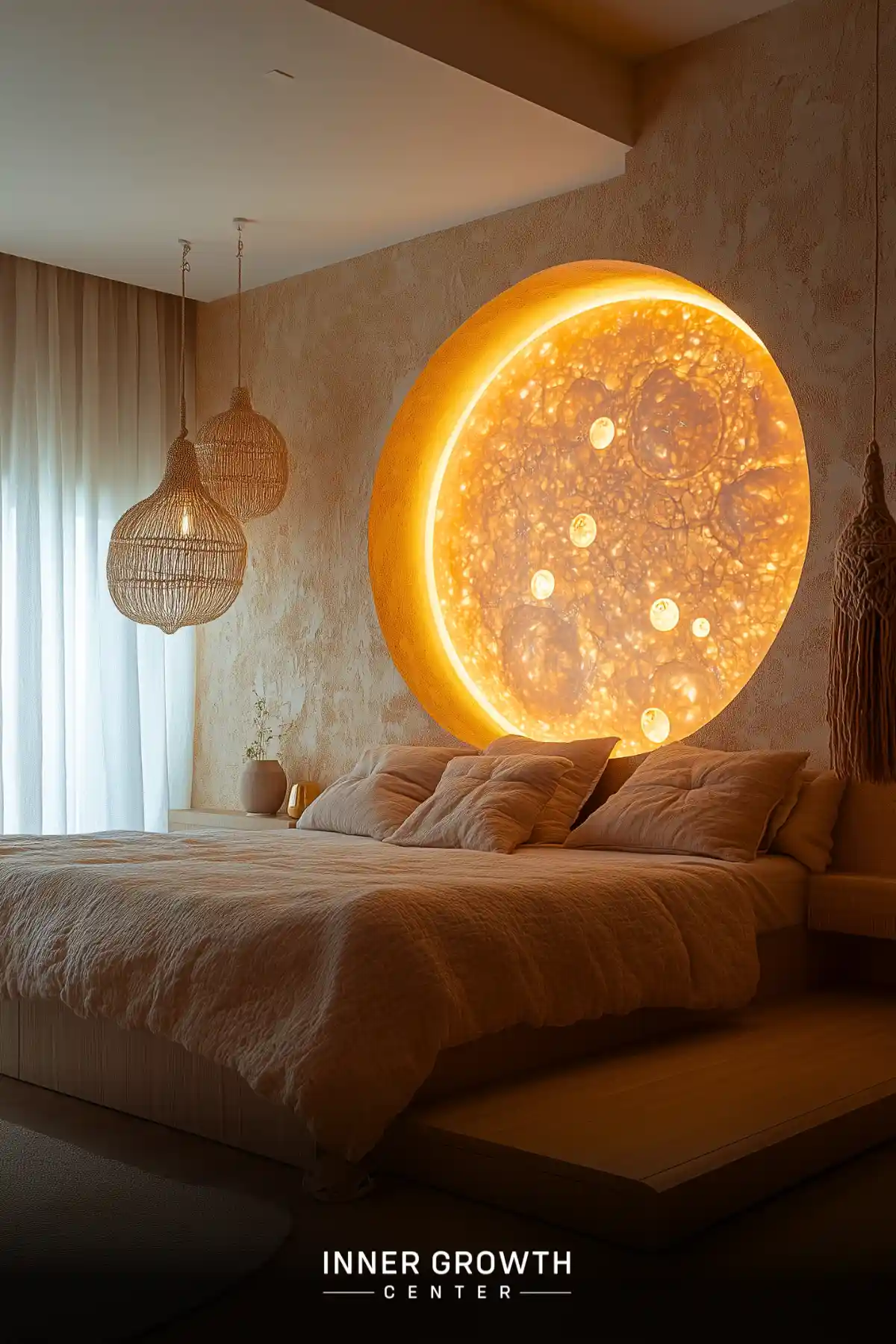 Serene bedroom with a large circular illuminated wall feature resembling the sun's surface, alongside rattan pendant lights.