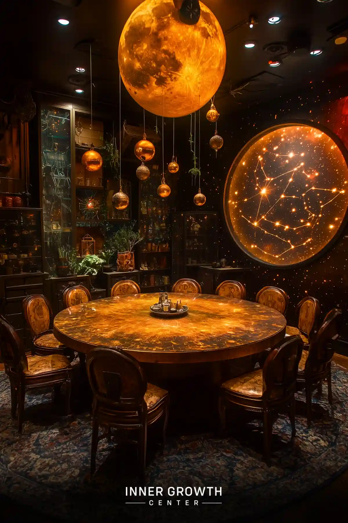 A dark circular meditation room with an illuminated amber table, constellation wall art, hanging golden orbs, and antique chairs surrounded by shelves of mystical objects