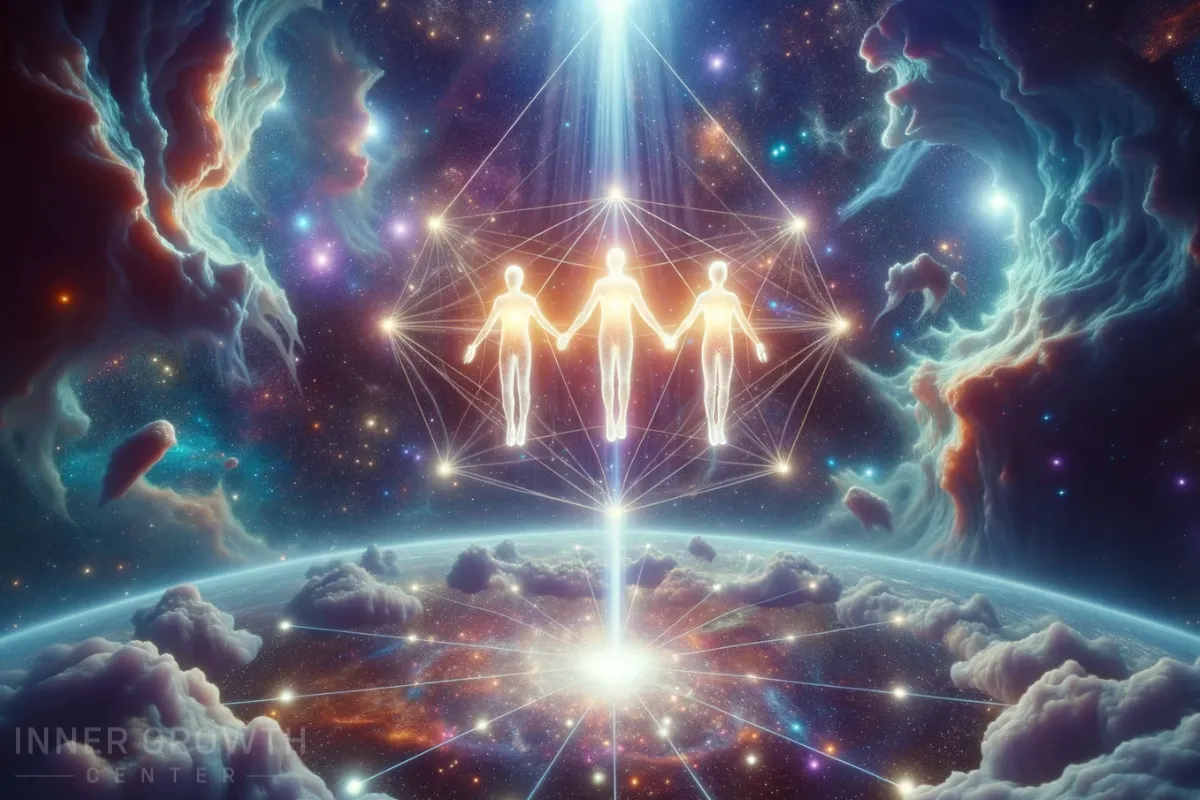 Three individuals, representing a soul family, float amidst nebulae and stars symbolising ascension to 5D