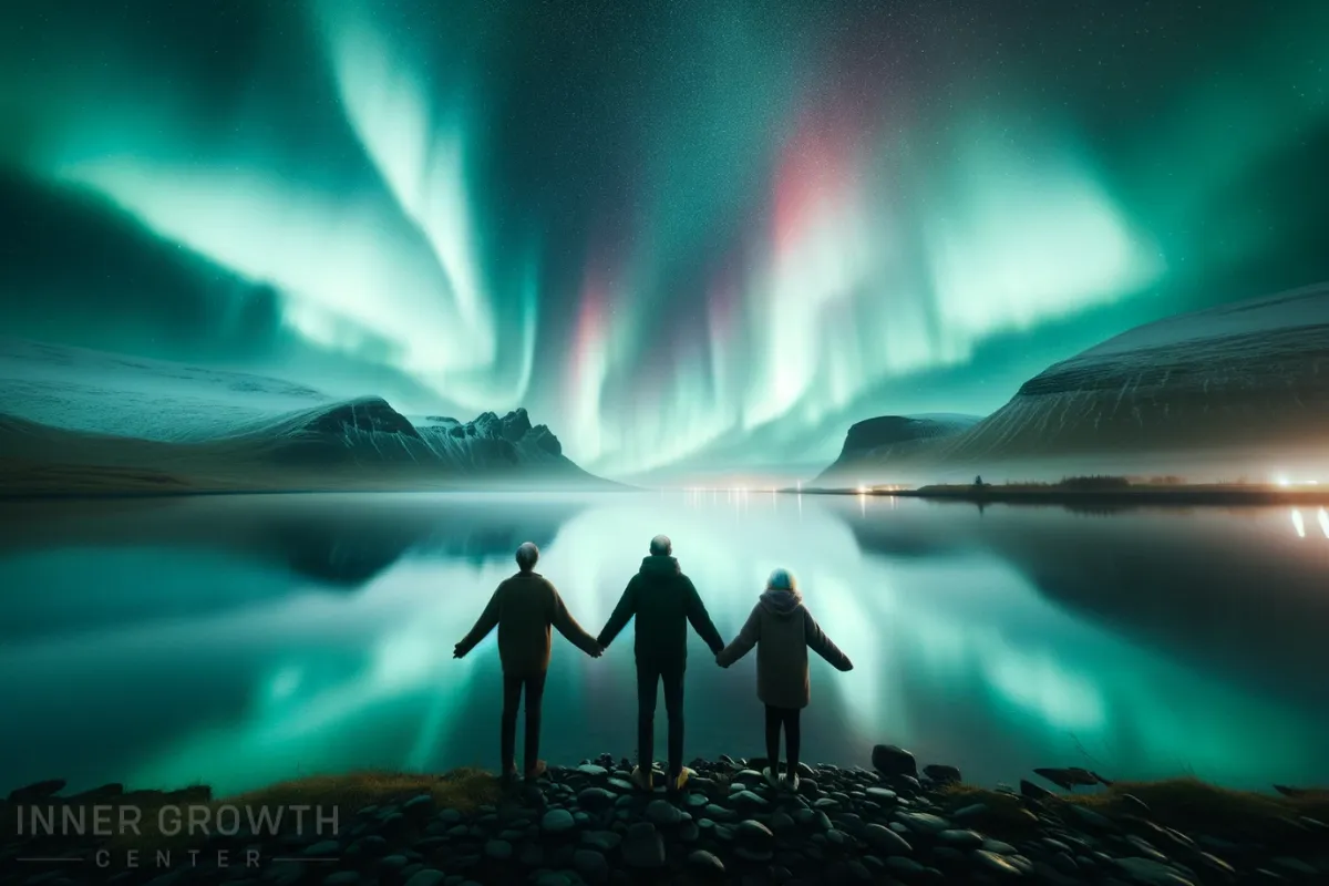 3 people holding hands with a backdrop of the aurora borealis symbolising a soul family.