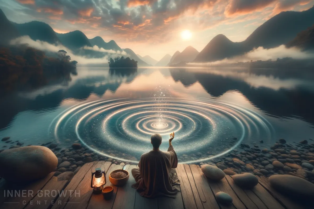 A person engages in soul healing sitting by a lake as ripples emerge.