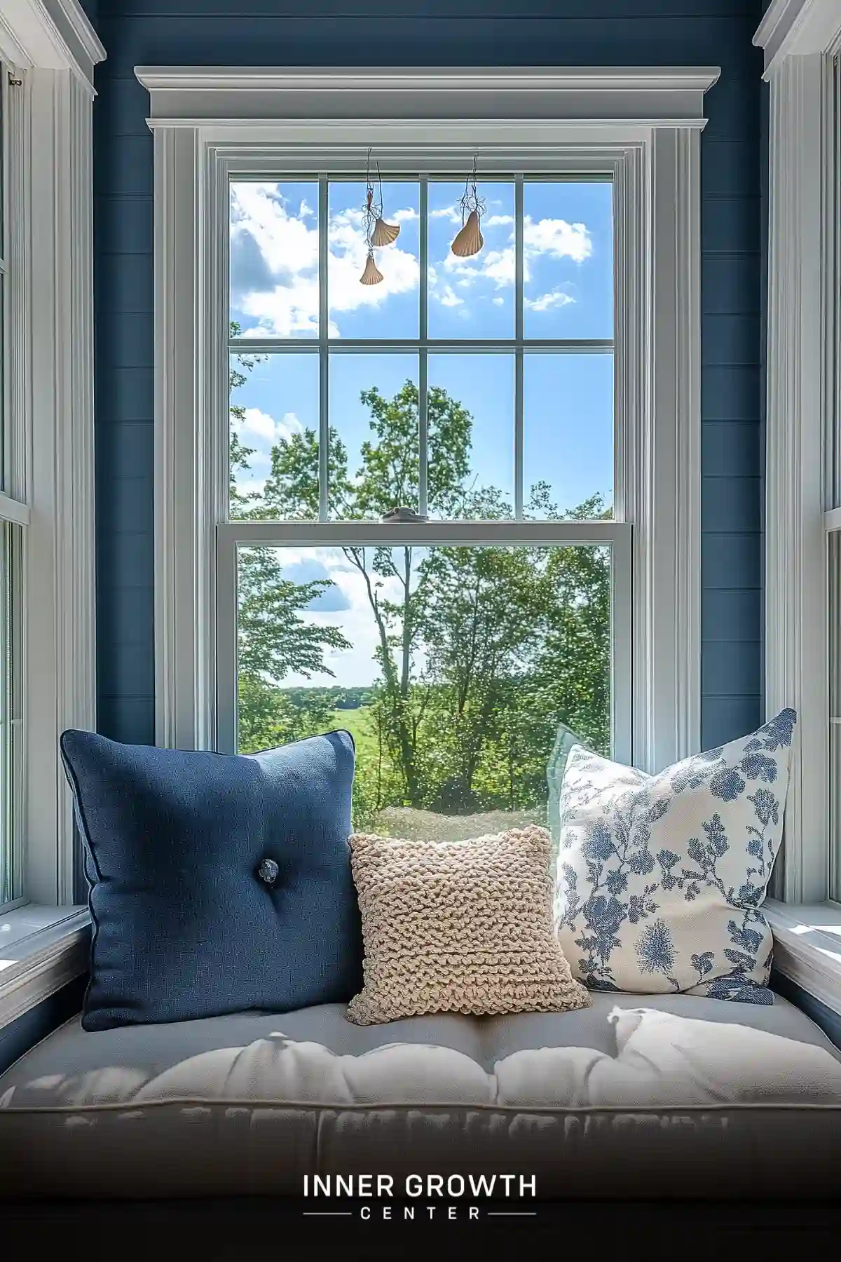 A compact window seat meditation corner with blue walls, decorative pillows, and hanging paper dove ornaments creates a serene small-space retreat overlooking summer trees.