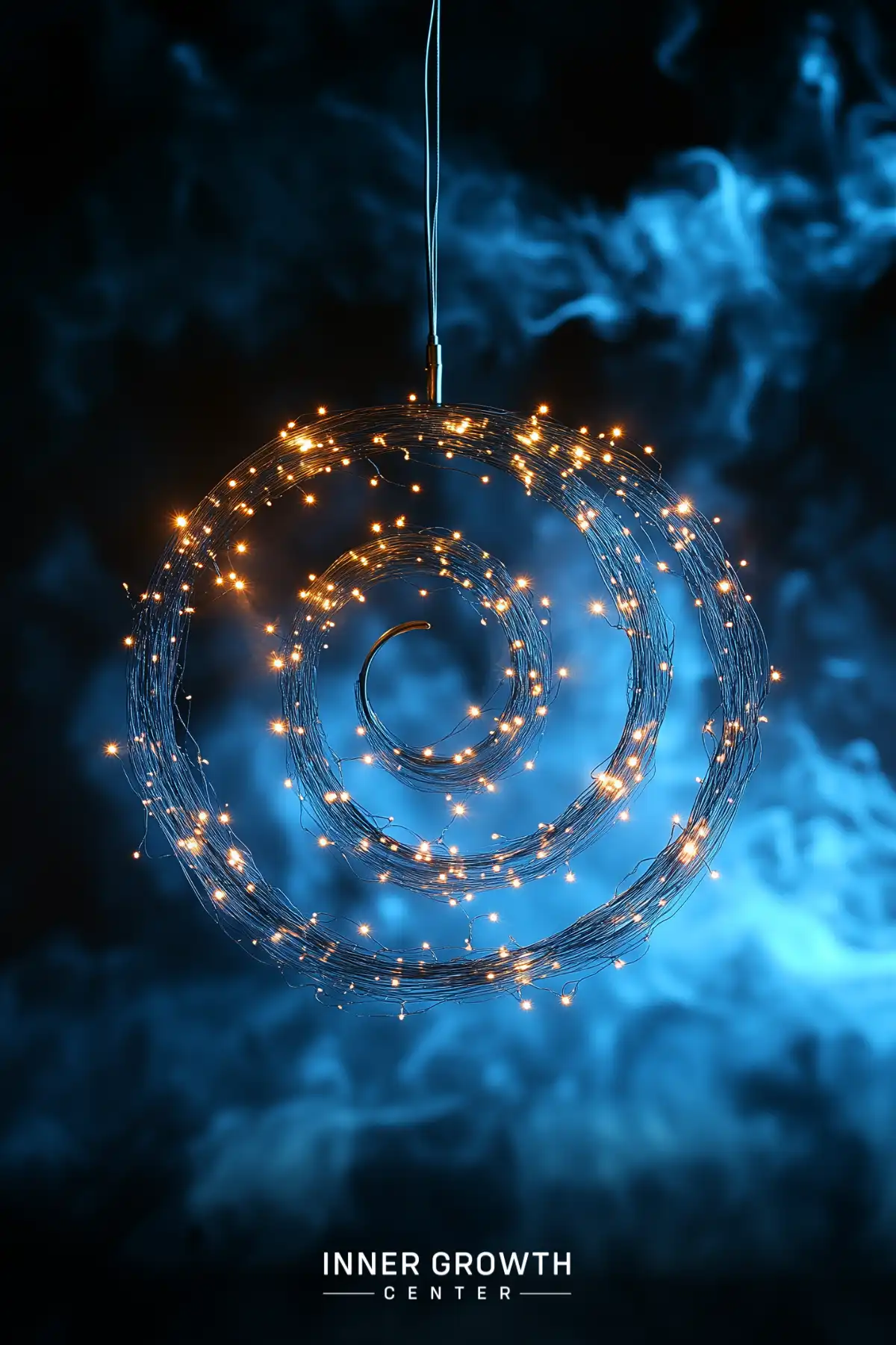 Suspended spiral-shaped light fixture with tiny illuminated points against a misty blue background.