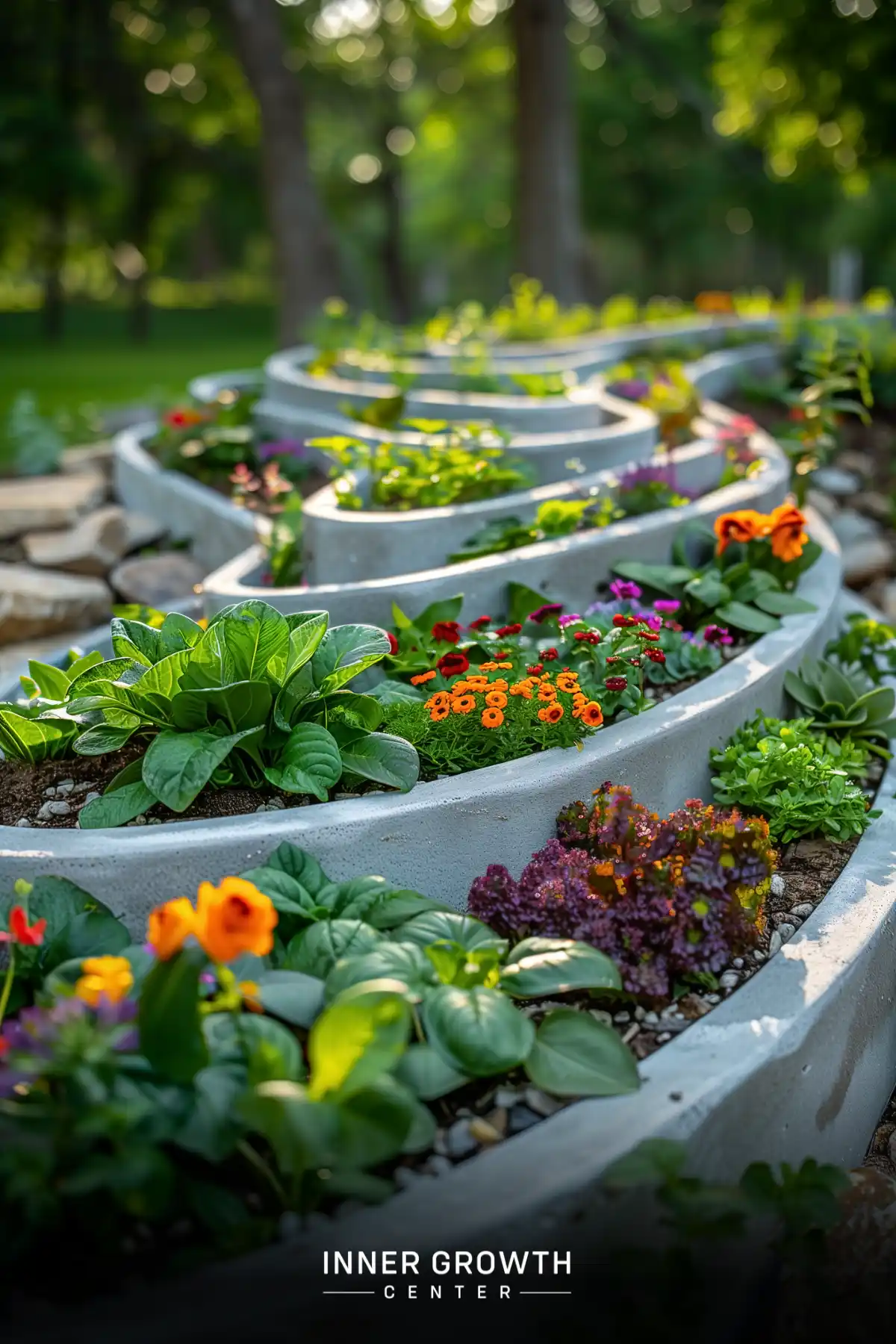 A spiral-shaped raised garden bed filled with colorful flowers and plants in a tranquil outdoor setting.