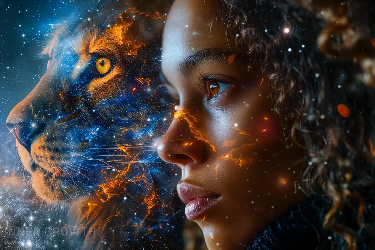 A woman and tiger with stars in the background symbolizing a spirit animal