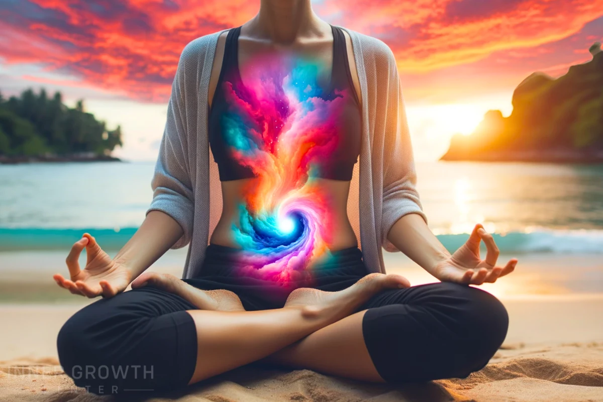 A woman meditates on the beach with colourful energy coming from her stomach.