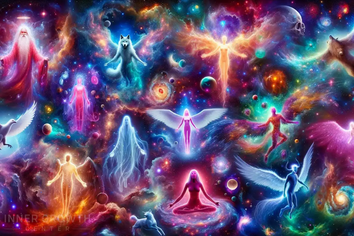 Different types of colourful spirit guides in a cosmic setting.