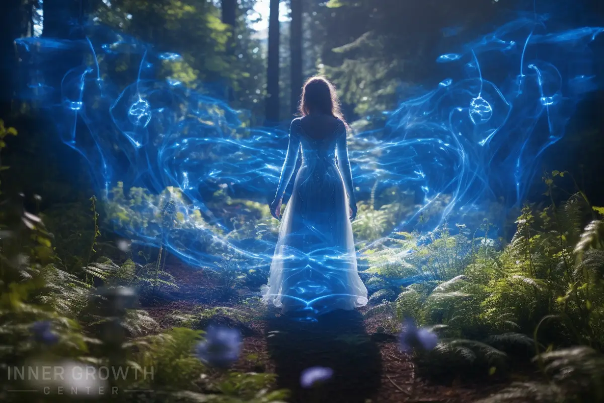 A spirit follows a woman in the forest.