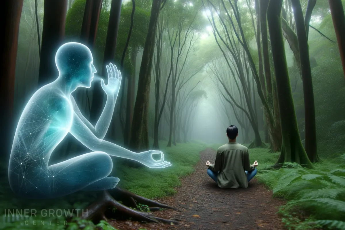 A spirit whispers to a man meditating in the forest.