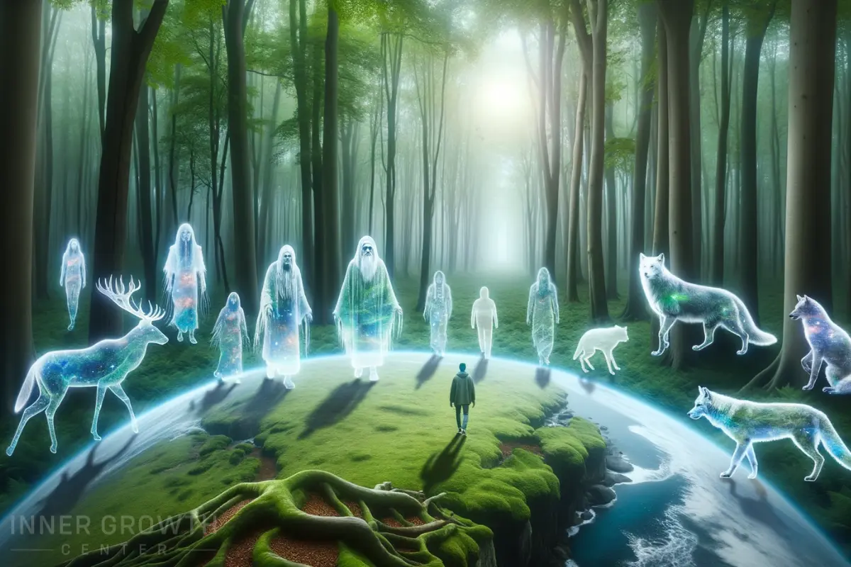 Spirits in a forest in spirit world with earth.