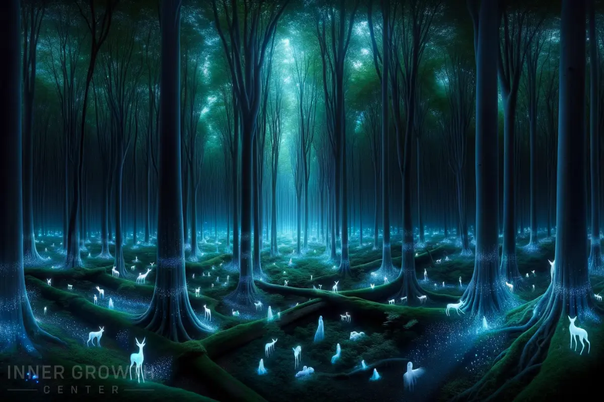 Spirit animals in a spirit world forest.