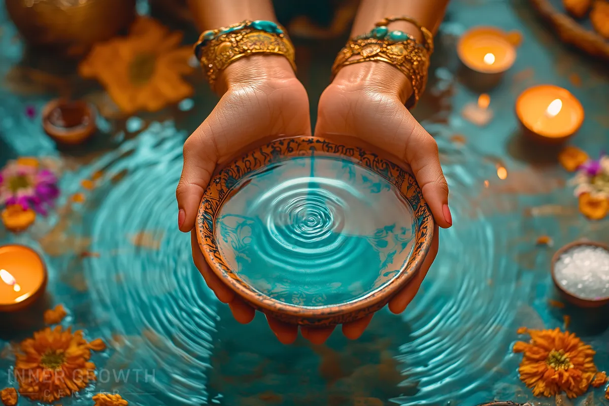 Beautiful blue clear water in a bowl held by hands.