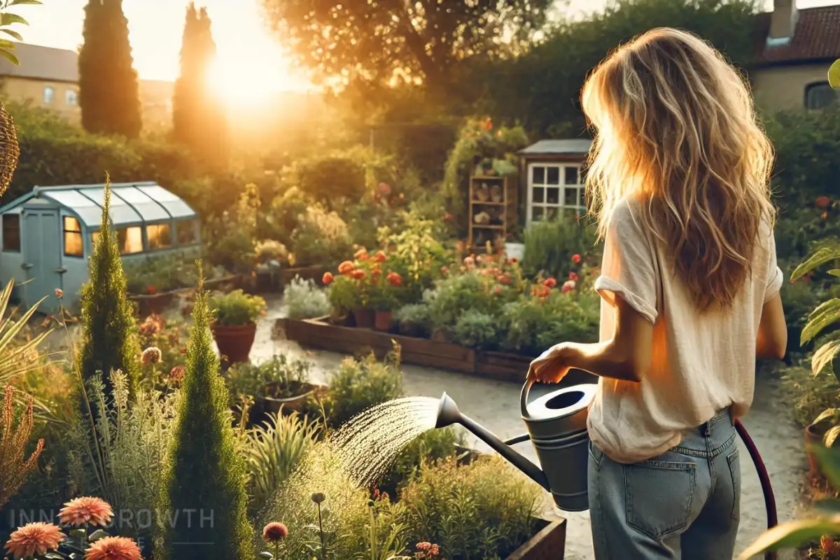 A woman watering a spiritual garden symbolising long term spiritual growth.