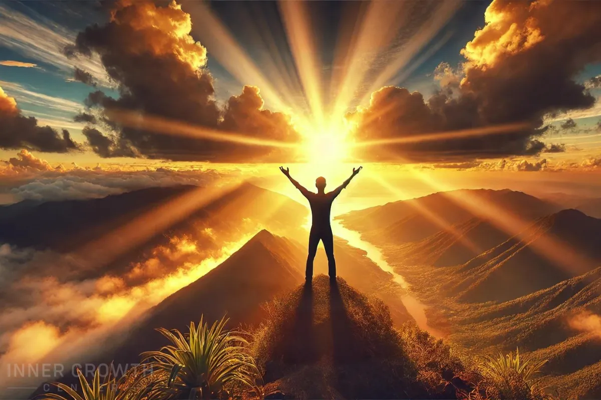 A man on top of a mountain as the sun rises representing peak spiritual growth.