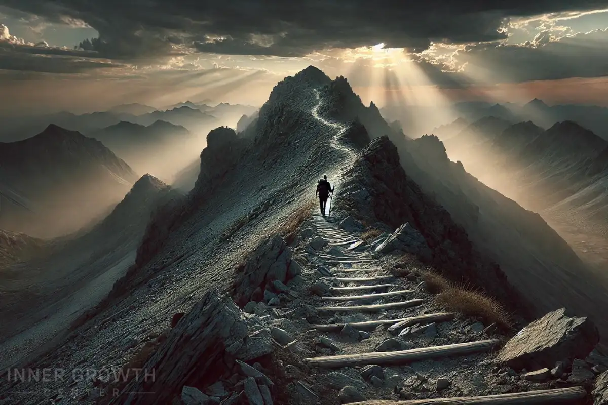 A person walking up a dark mountain.