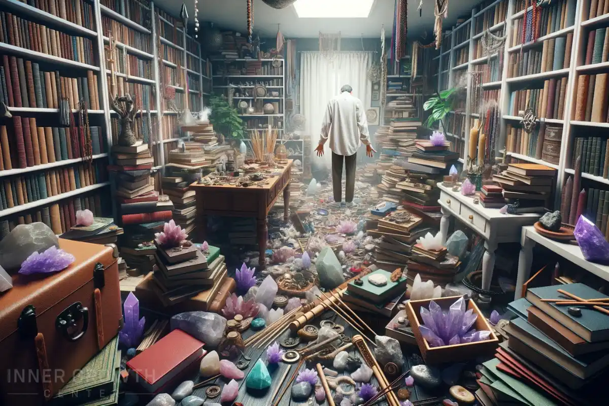 A man surrounding by a lot of things as a spiritual hoarder.