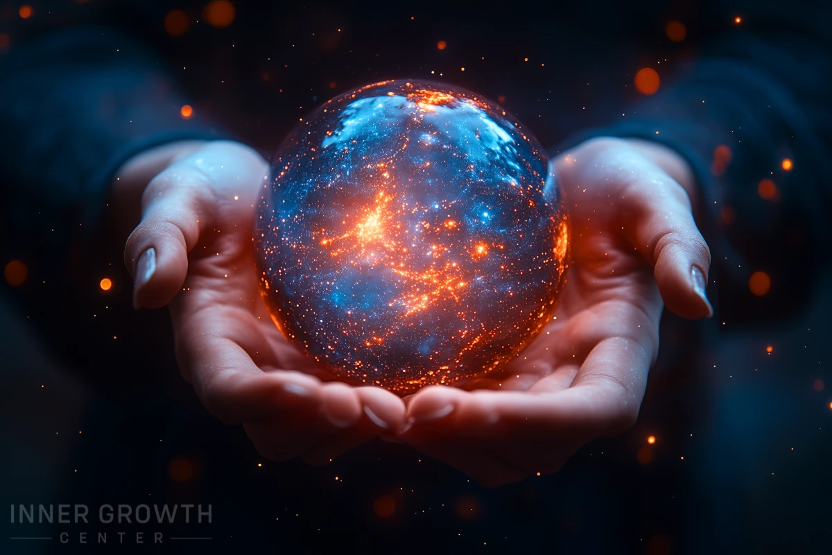 Hands holding a globe of energy representing the world of spiritual laws