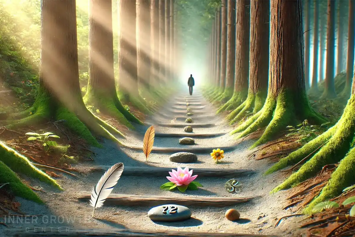 A person walks a path passing spiritual signs.