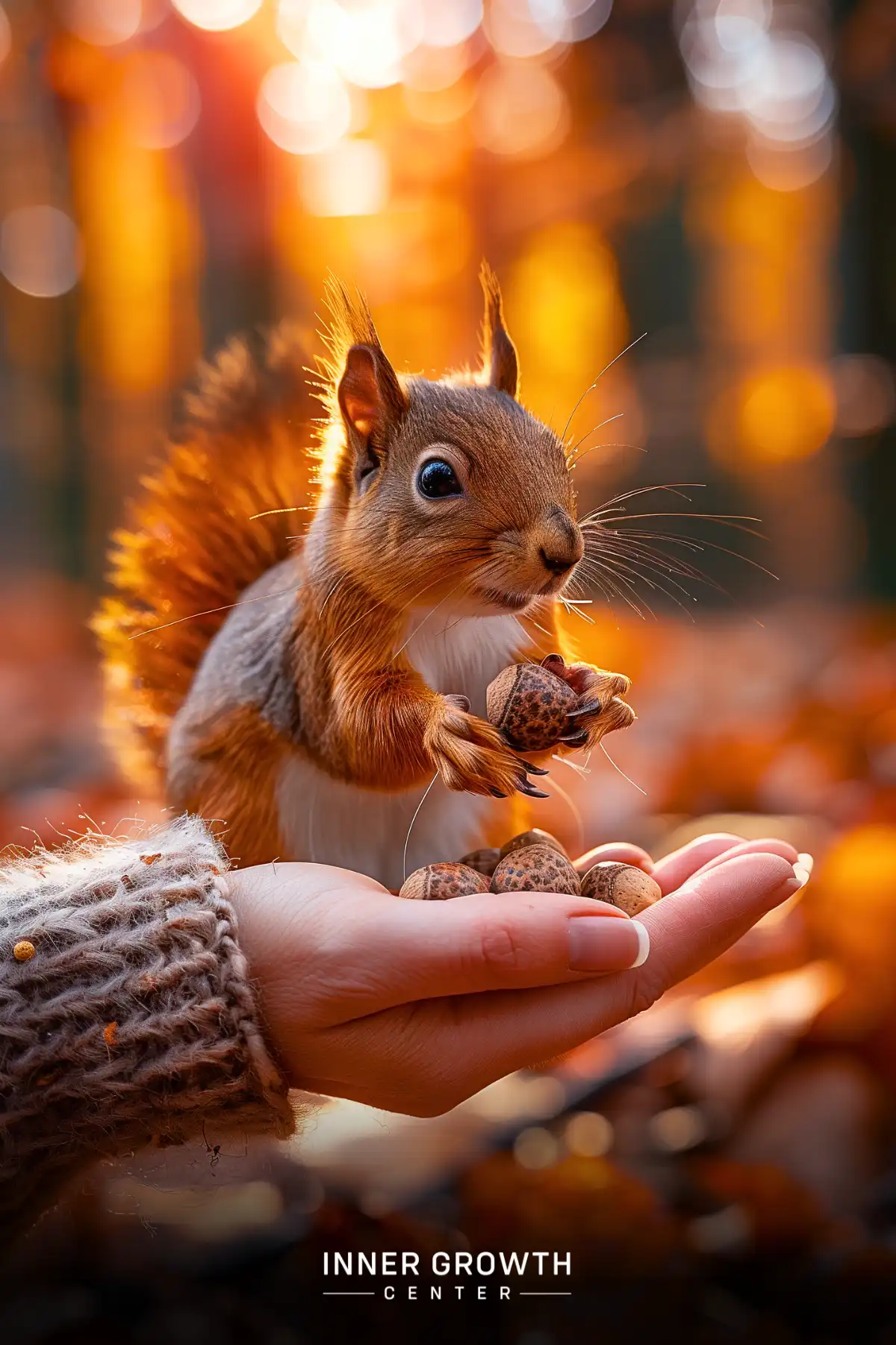 A red squirrel perched on a hand, taking an acorn from a pile, surrounded by warm autumn colors.