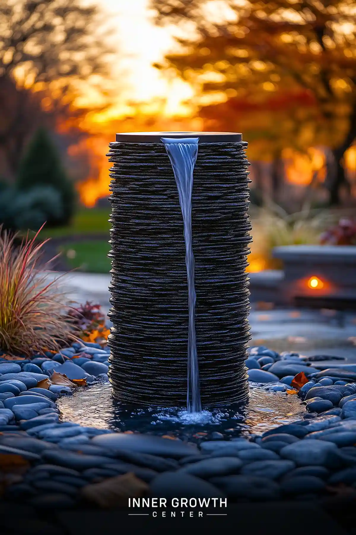 A tall cylindrical water feature with stacked stones and flowing water, set against a vibrant autumn sunset.