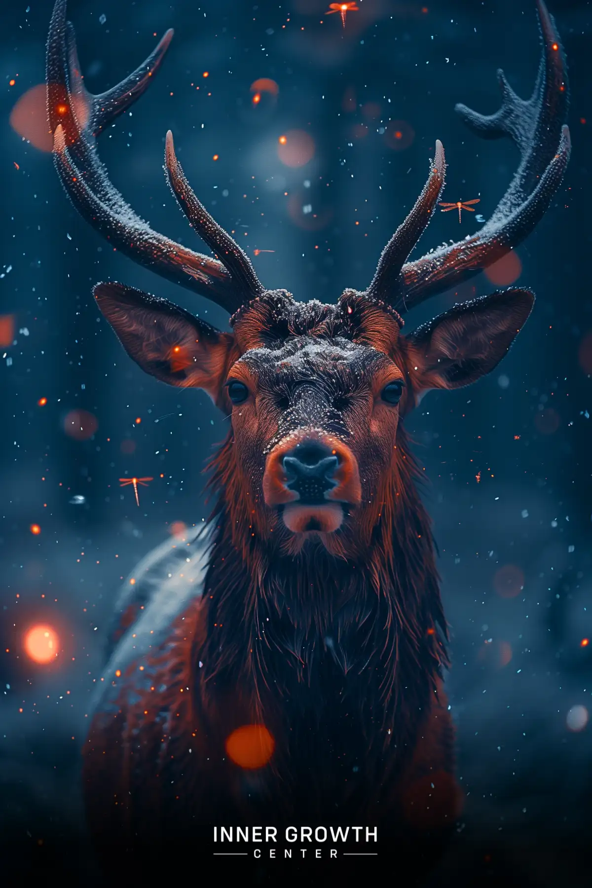 A majestic deer with antlers gazes directly at the viewer amidst a snowy, mystical forest scene with glowing fireflies.