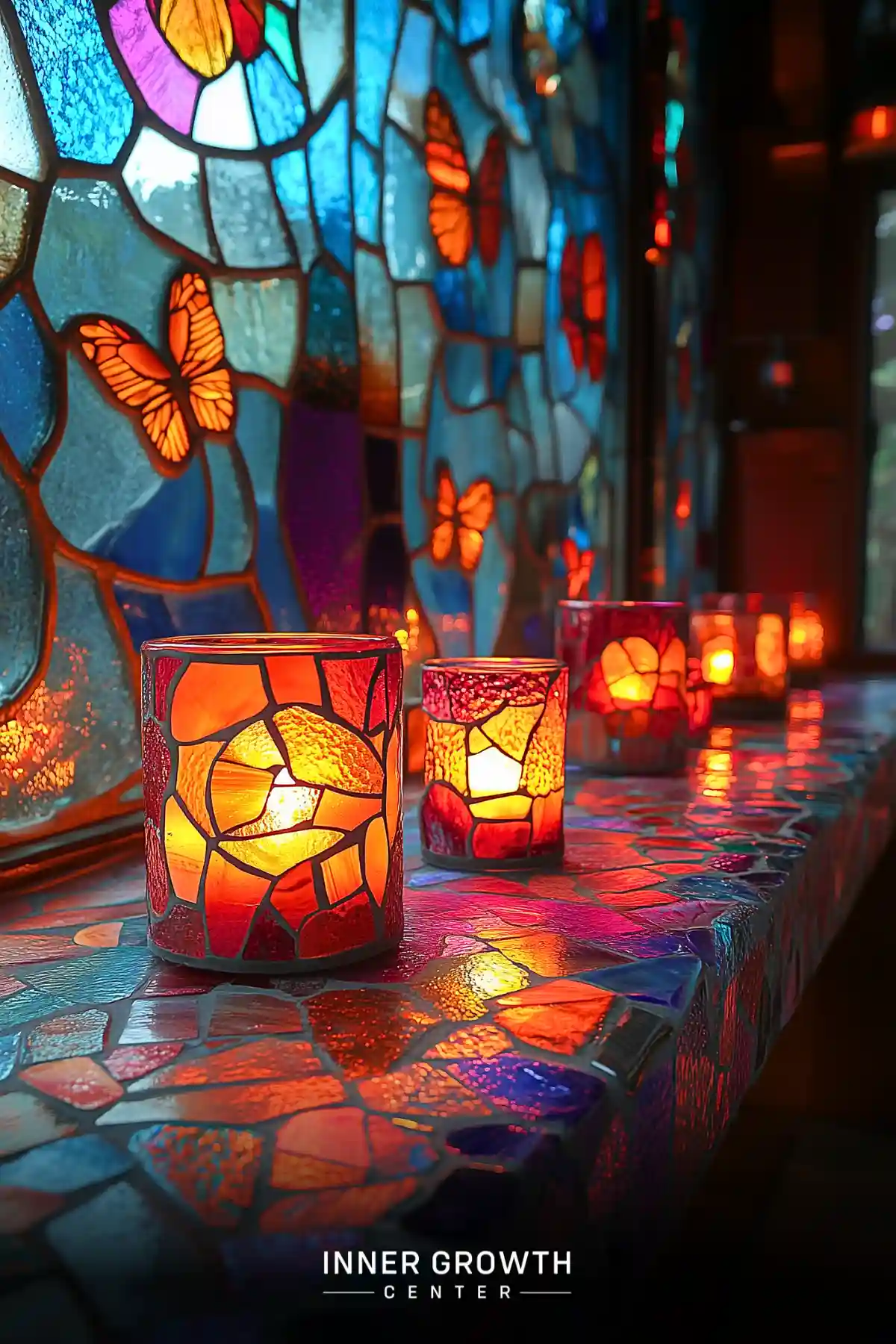 Illuminated stained glass candle holders and window with butterfly designs create a colorful meditation space.