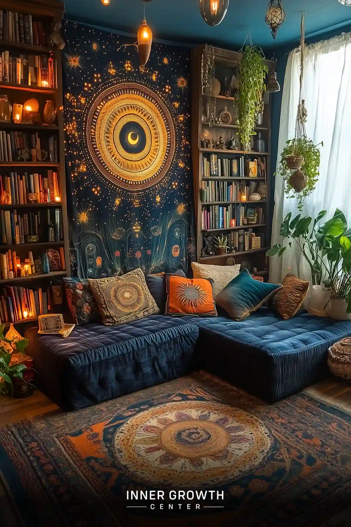 A cozy reading nook with bookshelves, plants, and a large celestial tapestry creating a mystical atmosphere.