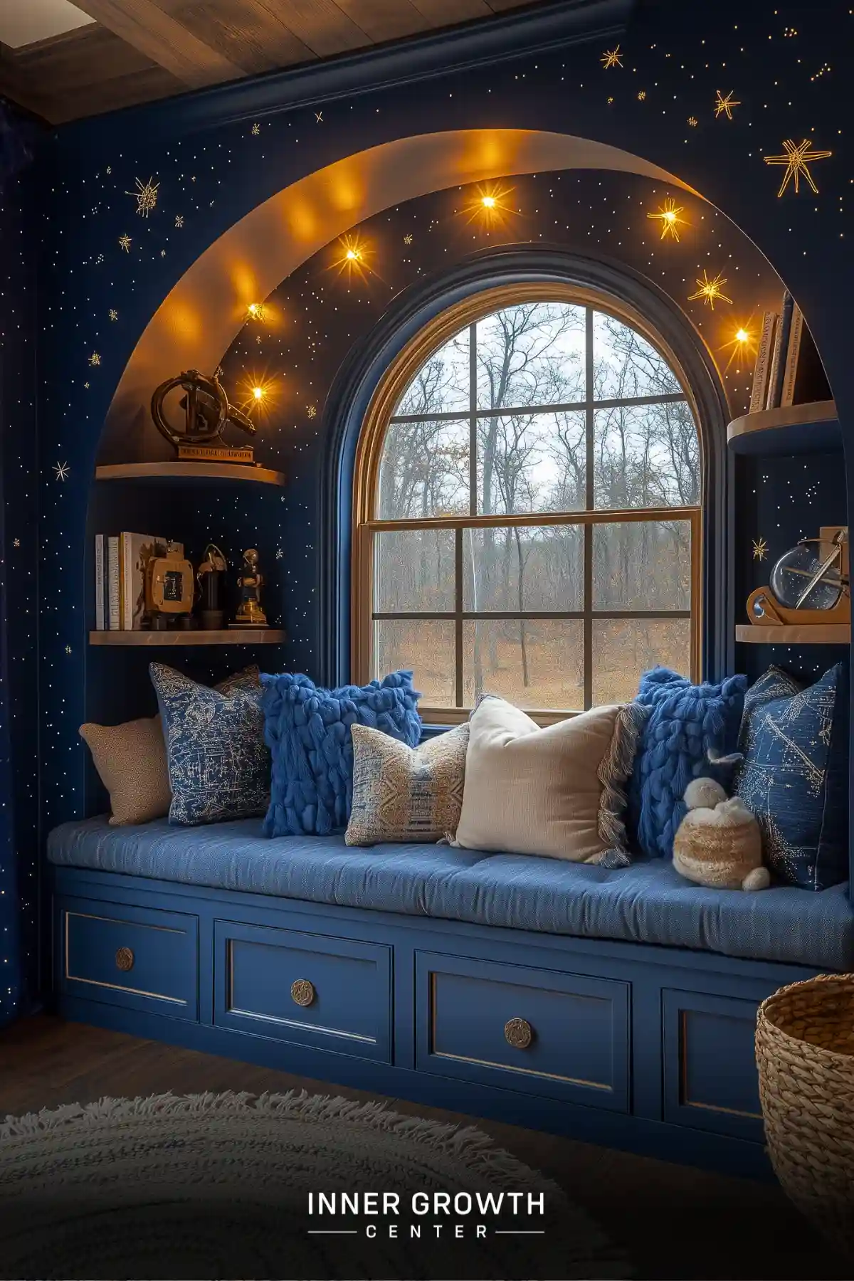 A cozy window seat beneath an arched window features navy blue walls with painted stars, built-in storage, and coordinating blue and cream cushions.