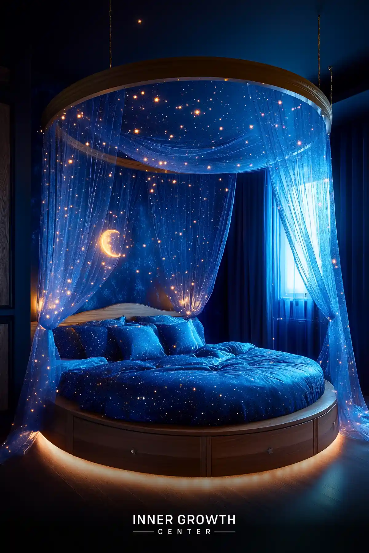 A circular platform bed with sheer blue canopy curtains illuminated by string lights, featuring constellation bedding and under-bed lighting creating a dreamy night sky atmosphere.