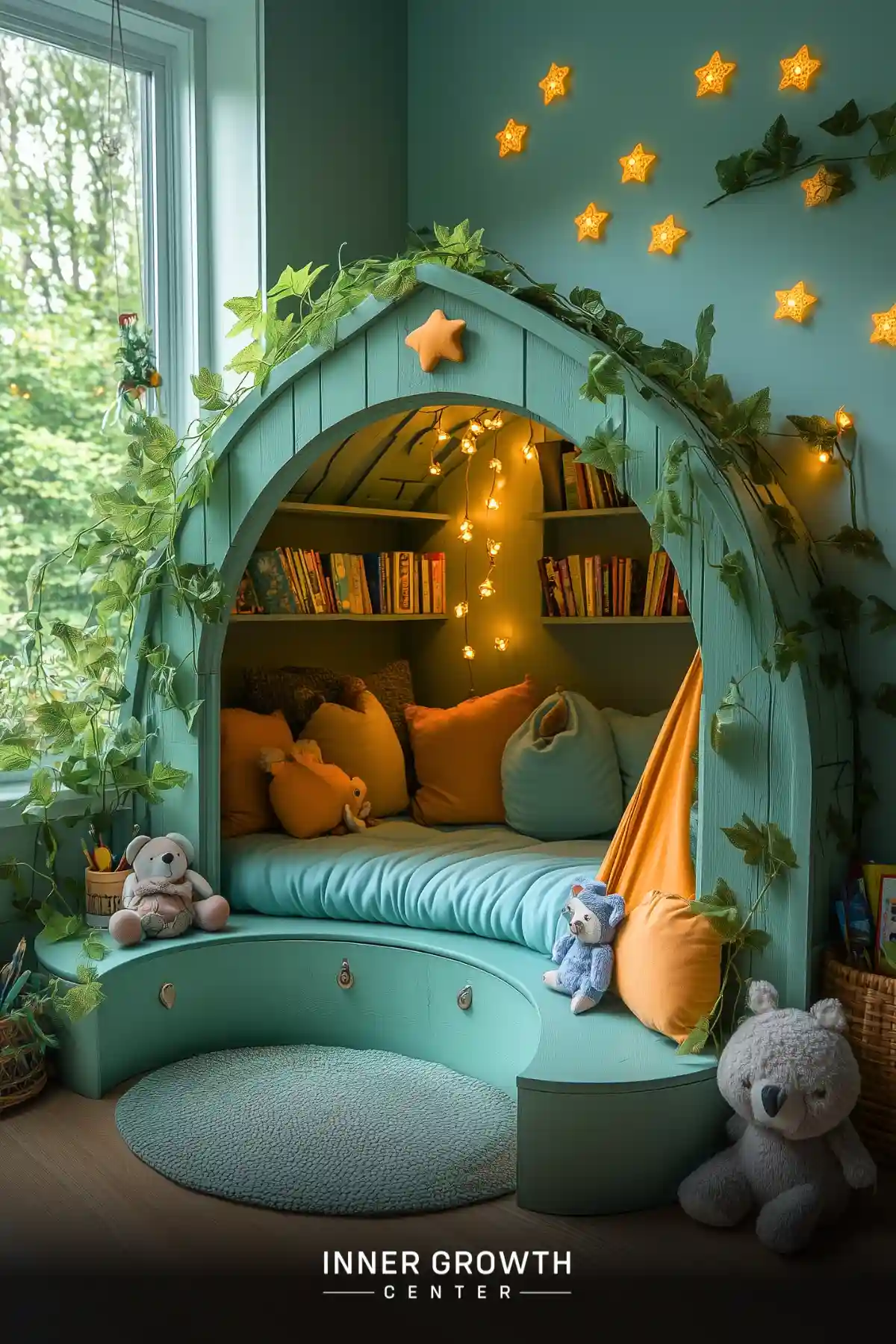 A cozy mint-green arched reading nook with built-in bookshelves, star lights, climbing vines, and plush cushions creates a magical hideaway for young readers.