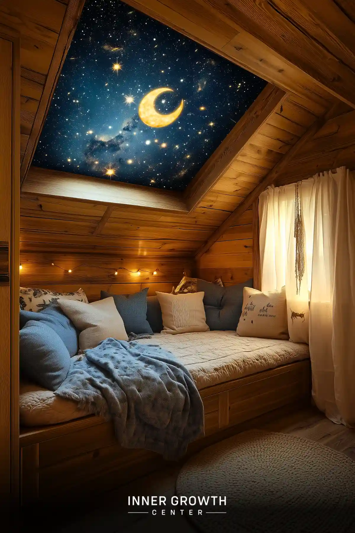 A cozy wooden alcove with a built-in daybed features a celestial ceiling mural of a glowing crescent moon and stars, complete with soft lighting and plush pillows