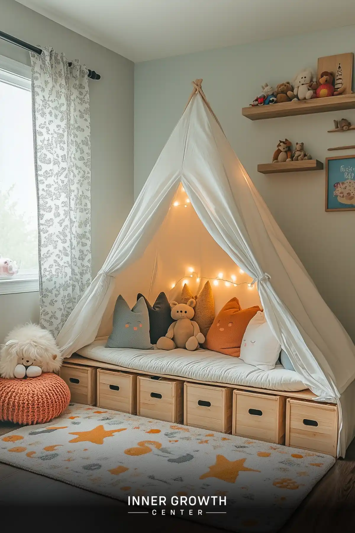 A cozy reading nook featuring a white teepee tent with string lights, cushioned bench storage, and decorative throw pillows in soft orange and blue tones.